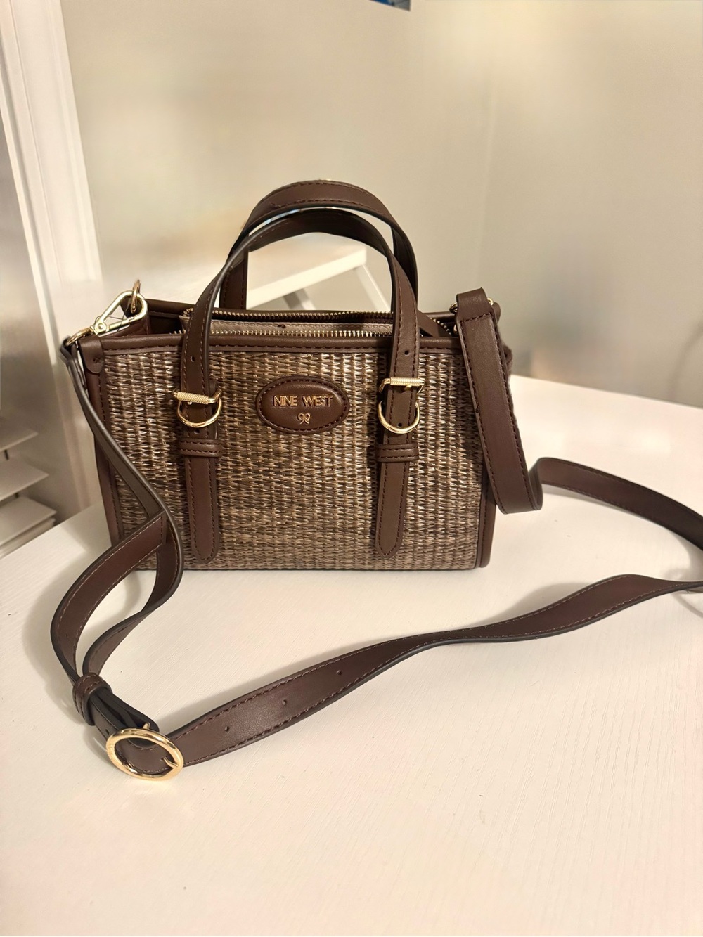 Nine West Brown Woven Mini Satchel with Leather Trim